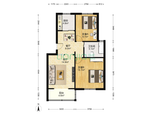 辰凯花苑 2室2厅1卫 79平方