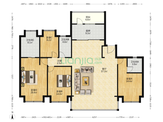 俊发城逸璟峰二期紫檀苑 4室1厅3卫 186平方