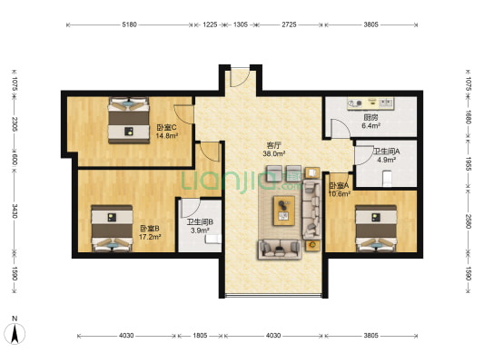 正商城和园3号院 3室1厅2卫 132平方