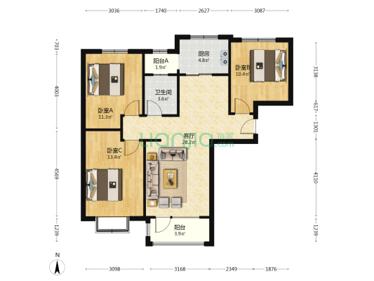 朝南两居，户型方正，   全天采光-户型图