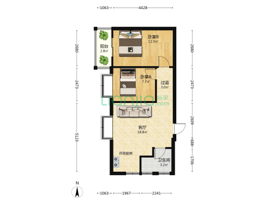 广达商住楼 2室1厅1卫 68平方