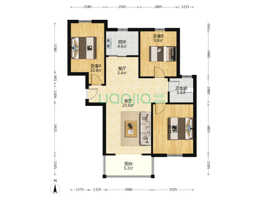 奧蘭天和家園 3室2厅1卫 90平方