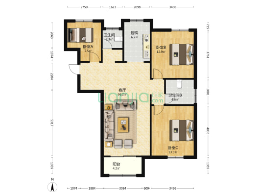 茸北苑南区 3室1厅2卫 120平方