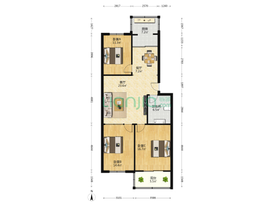 金柏园小区 3室2厅1卫 114平方