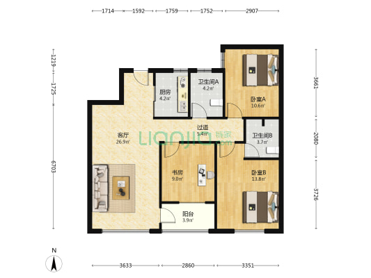 中洋精英公寓 3室1厅2卫 109平方
