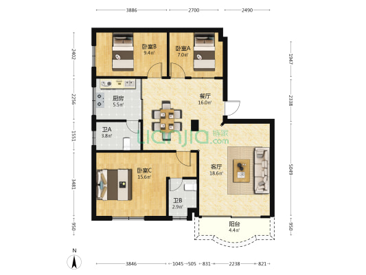 海景豪庭 3室2厅2卫 98平方