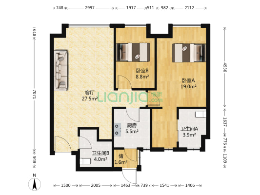 合生广场 2室1厅2卫 104平方