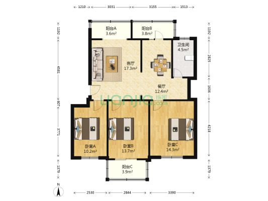 省广电南内环小区 3室2厅1卫 107平方