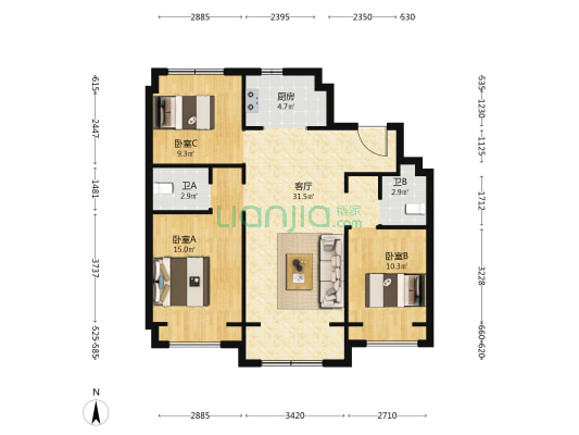 中车·长春源 3室1厅2卫 105平方