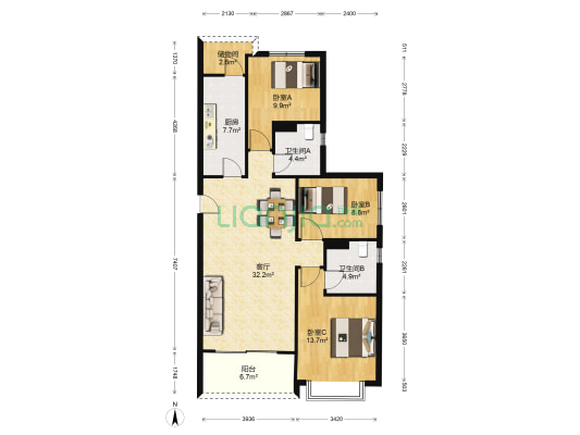 恒大御景 3室1厅2卫 121平方