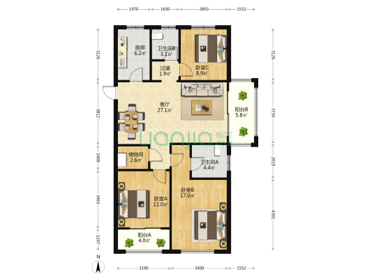 五矿崇文金城B区 3室1厅2卫 121平方
