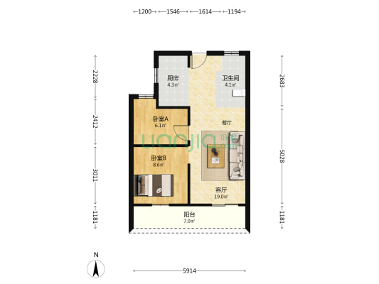 华润海湾润城 2室1厅1卫 63平方