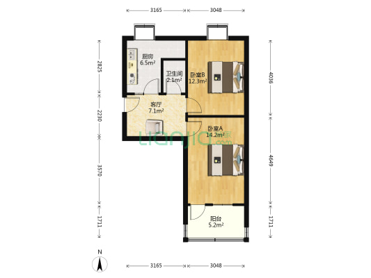 闫铁宿舍 2室1厅1卫 57平方