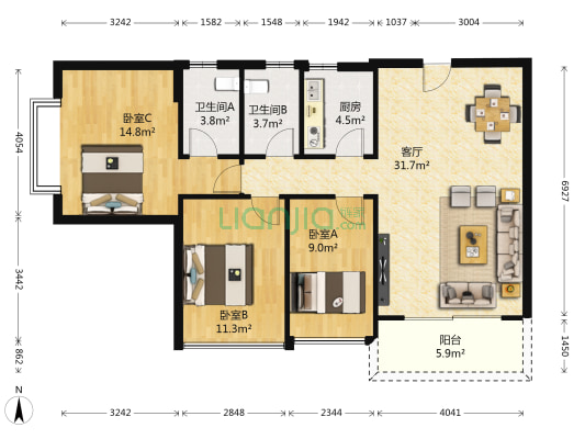 城市家园二期 3室1厅2卫 109平方