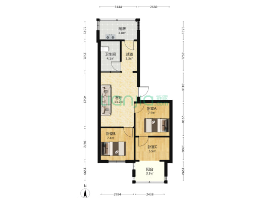 蔬菜二号院 3室1厅1卫 61平方