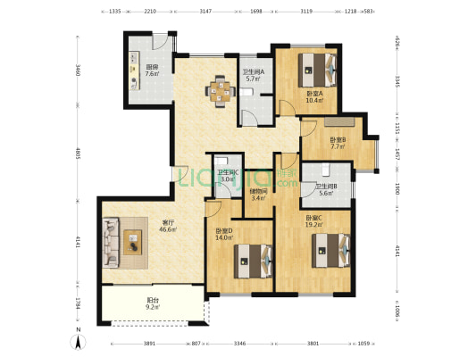 蠡湖瑞仕花园一期 4室1厅3卫 177平方