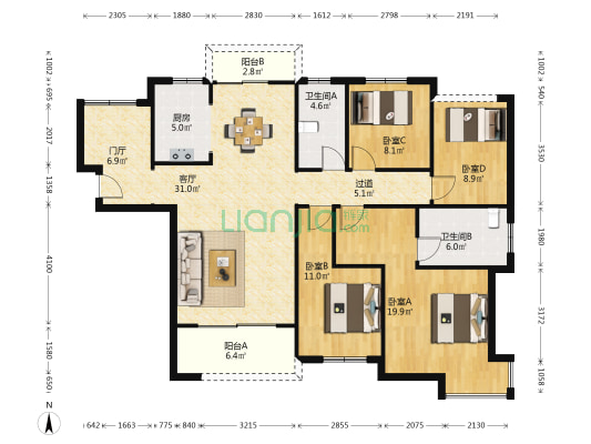 勤诚达境界城 4室1厅2卫 144平方