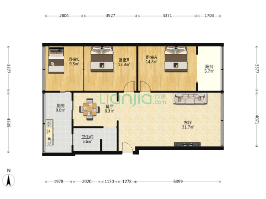 新开街5号 3室2厅1卫 114平方
