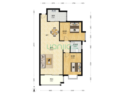 岳麓现代城 2室1厅1卫 105平方