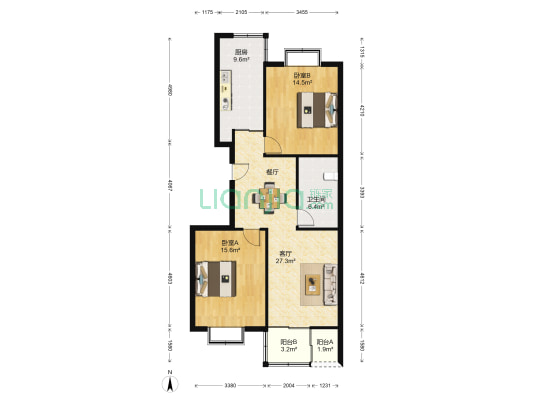 中洋现代城 2室1厅1卫 105平方
