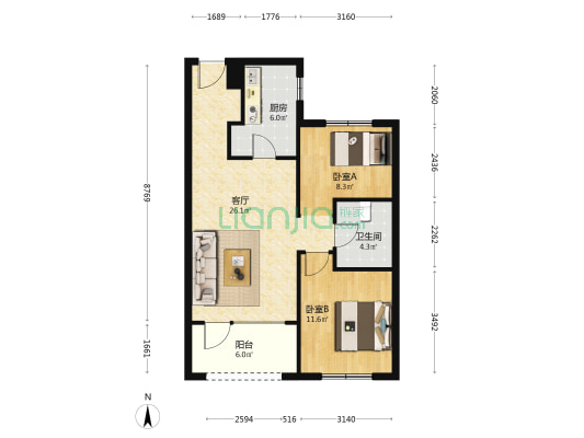 阳光城翡丽云邸A区 2室1厅1卫 88平方