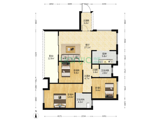 中铁悦龙东郡一组团 3室1厅2卫 120平方