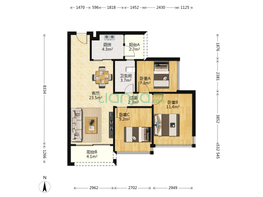 维港星悦 3室1厅1卫 82平方