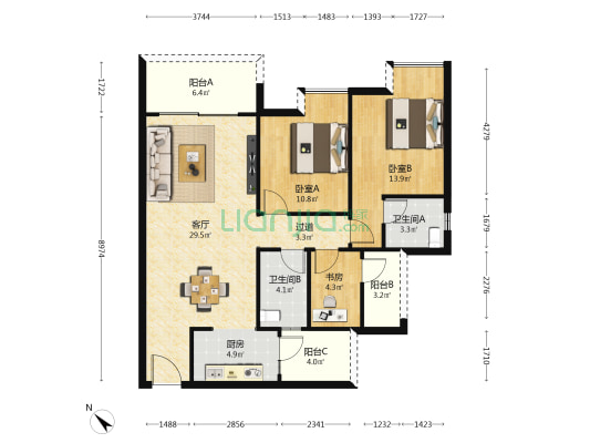 北滨上院 3室1厅2卫 106平方