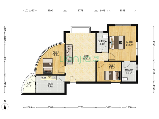 骏达名居 3室1厅2卫 87平方
