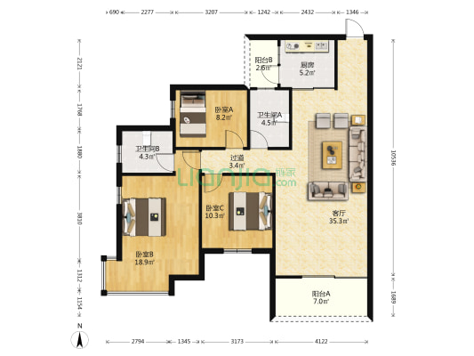 国威大厦 3室1厅2卫 116平方