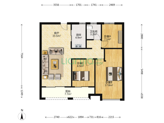 易景中央公园 3室1厅1卫 106平方