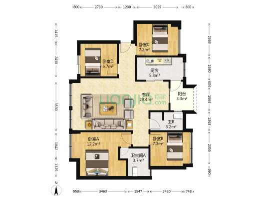 时代水岸康城 4室1厅2卫 89平方