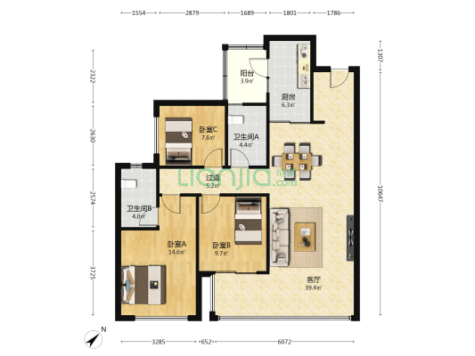 龙湖焕城 3室1厅2卫 128平方
