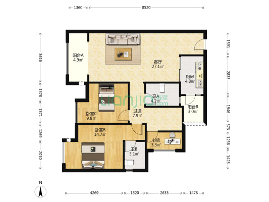 书香华庭 3室1厅2卫 101平方