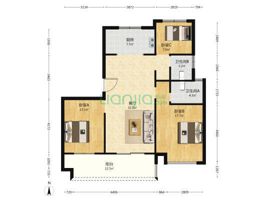 金科城 3室1厅2卫 118平方