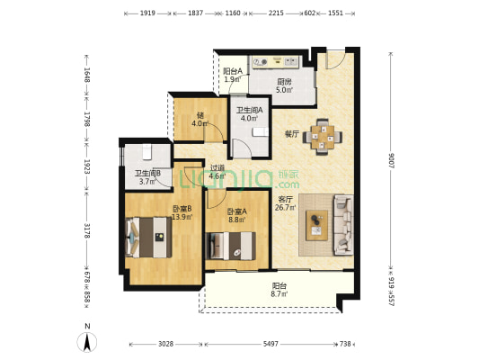群峰花园 2室1厅2卫 94平方