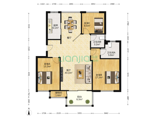 长江国际花园 3室1厅2卫 122平方