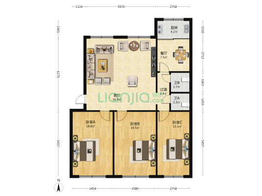 煤化宿舍 3室2厅2卫 135平方