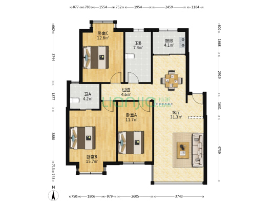 沁园坊 3室1厅2卫 104平方