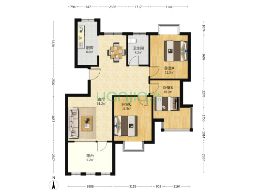 崆峒岛小区 3室1厅1卫 111平方