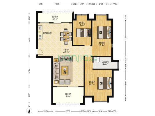 贝迪豪庭一期 3室1厅1卫 119平方