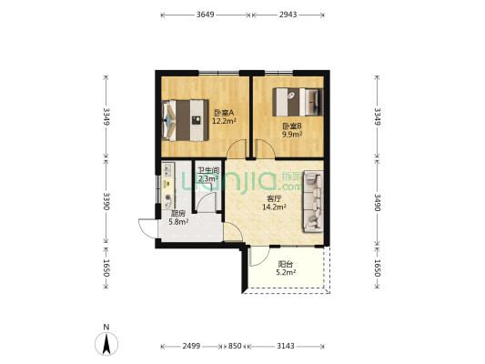 铁路新村3路 2室1厅1卫 52平方