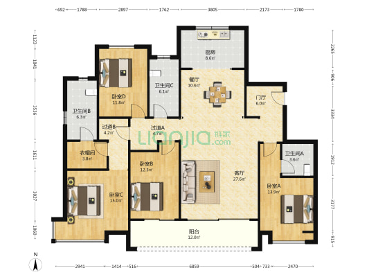 富力开远城A区 4室2厅3卫 192平方