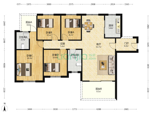 绿色金典 4室1厅2卫 145平方
