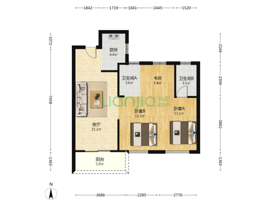 宁湖西苑 3室1厅2卫 88平方