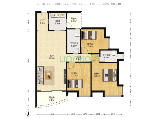 叠翠新峰花园二期 3室1厅2卫 117平方