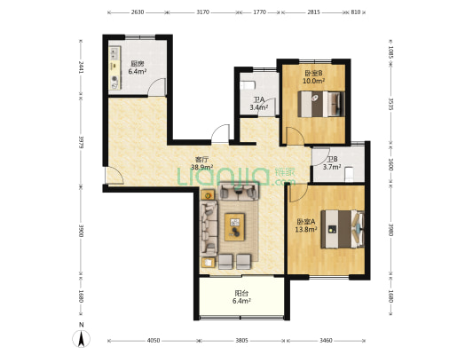 润基花悦城 2室1厅2卫 129平方