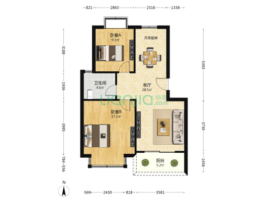 三家浜公寓采荠苑 2室1厅1卫 88平方