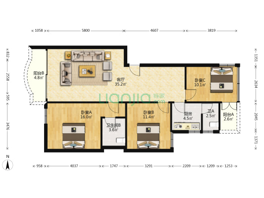 中行小区 3室1厅2卫 100平方