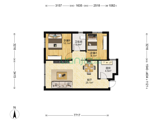 珠影大院 2室1厅1卫 64平方
